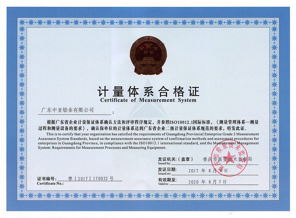 Certificate of measurement system